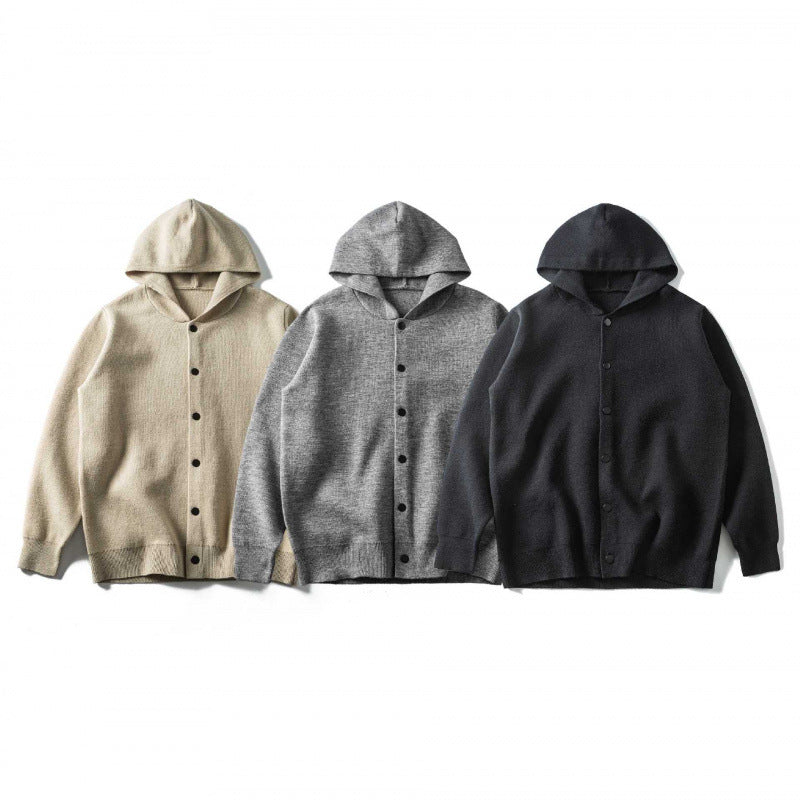 Unisex Hooded Knitted Cardigan with Continuous Button Placket and Ribbed Cuffs Fashion Glam