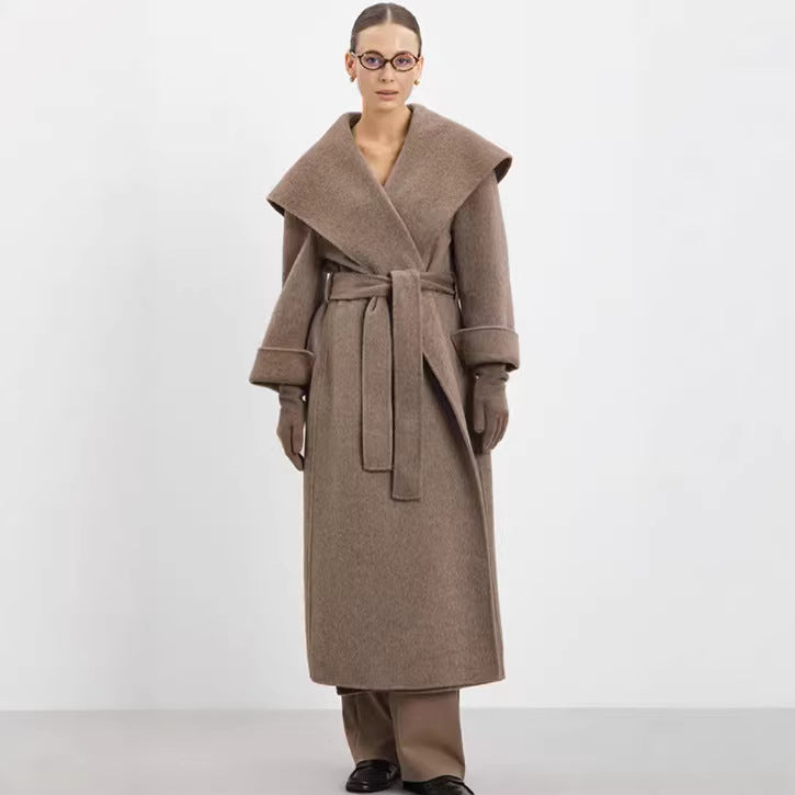 Ladies Maxi Coat with Oversized Shawl Collar, Wrap Belt and Rolled-Up Cuffs Fashion Glam