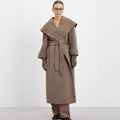 Ladies Maxi Coat with Oversized Shawl Collar, Wrap Belt and Rolled-Up Cuffs Fashion Glam