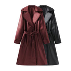Women's Long Shiny Trench Coat Transition Jacket in Leather Look with Waist Belt Fashion Glam