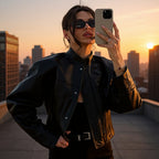 Women's short jacket in biker-bomber style made of vegan leather with a stand-up collar and oversized sleeves Fashion Glam