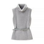 Women Short Sleeveless Faux Fur Vest with High Collar and Waist Belt Fashion Glam