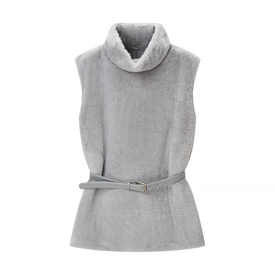 Women Short Sleeveless Faux Fur Vest with High Collar and Waist Belt Fashion Glam