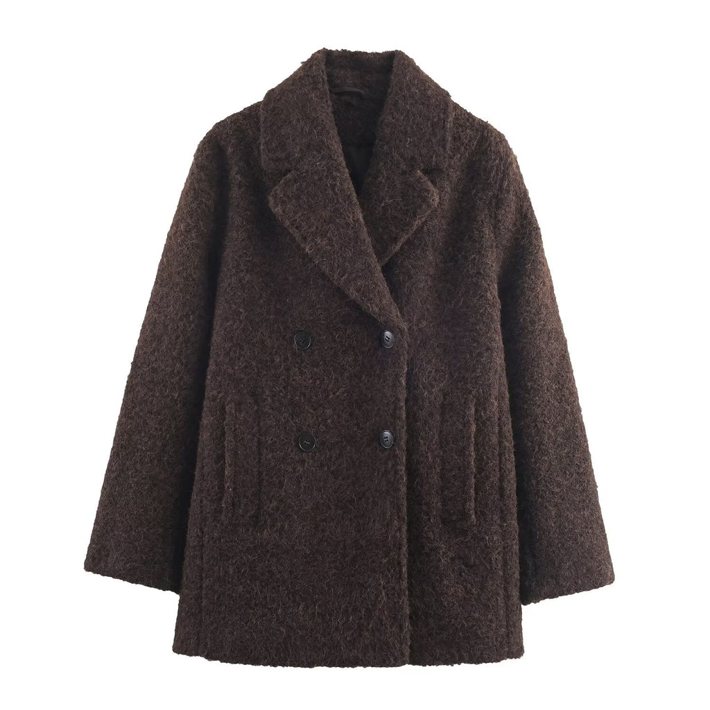 Ladies Double-Breasted Teddy Coat with Shawl Collar and Patch Pockets Fashion Glam
