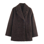 Ladies Double-Breasted Teddy Coat with Shawl Collar and Patch Pockets Fashion Glam
