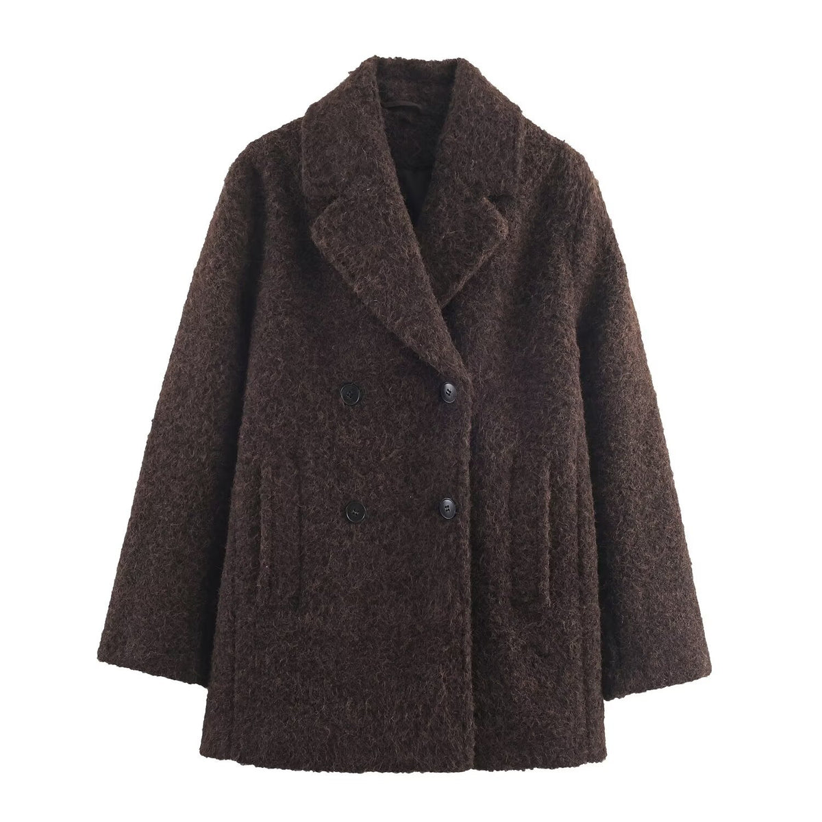 Ladies Double-Breasted Teddy Coat with Shawl Collar and Patch Pockets Fashion Glam