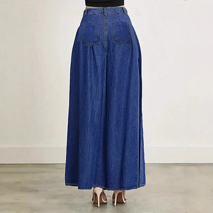 Women Extra Wide High-Waist Denim Palazzo Pants with Flowing A-Line Fall Fashion Glam