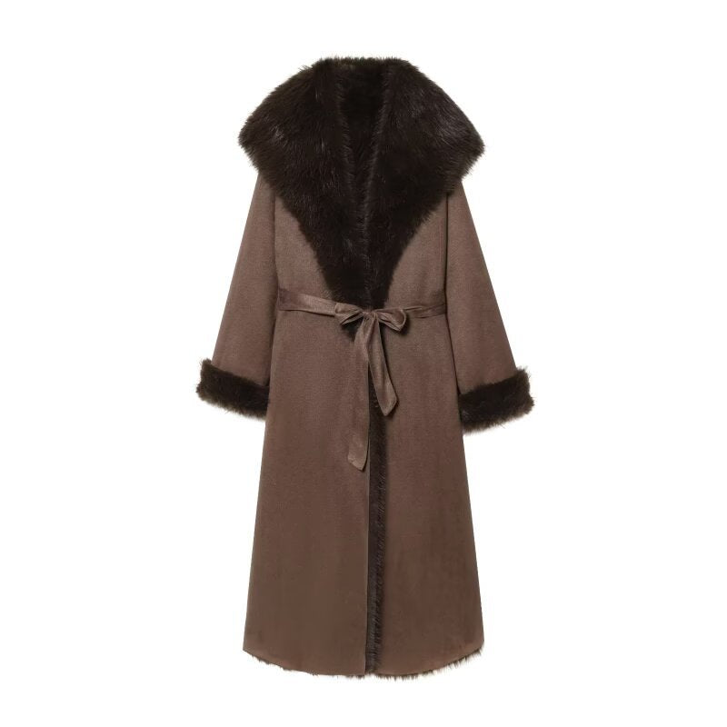Women's Long Sheepskin Look Coat with Hood, Tie Belt and Faux Fur Trim Fashion Glam