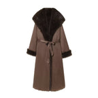 Women's Long Sheepskin Look Coat with Hood, Tie Belt and Faux Fur Trim Fashion Glam
