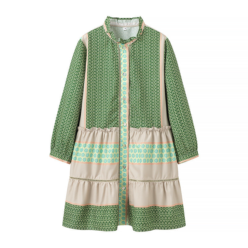 Ladies Printed Midi-Length Coat Dress with Ruffle Collar and Tiered Skirt Fashion Glam