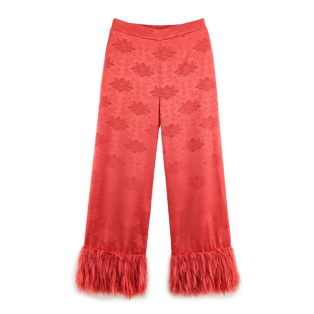 Ladies high-waisted satin pants with jacquard floral pattern and feather fringes Fashion Glam