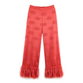 Ladies high-waisted satin pants with jacquard floral pattern and feather fringes Fashion Glam