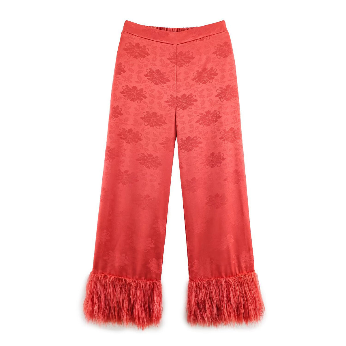 Ladies high-waisted satin pants with jacquard floral pattern and feather fringes Fashion Glam