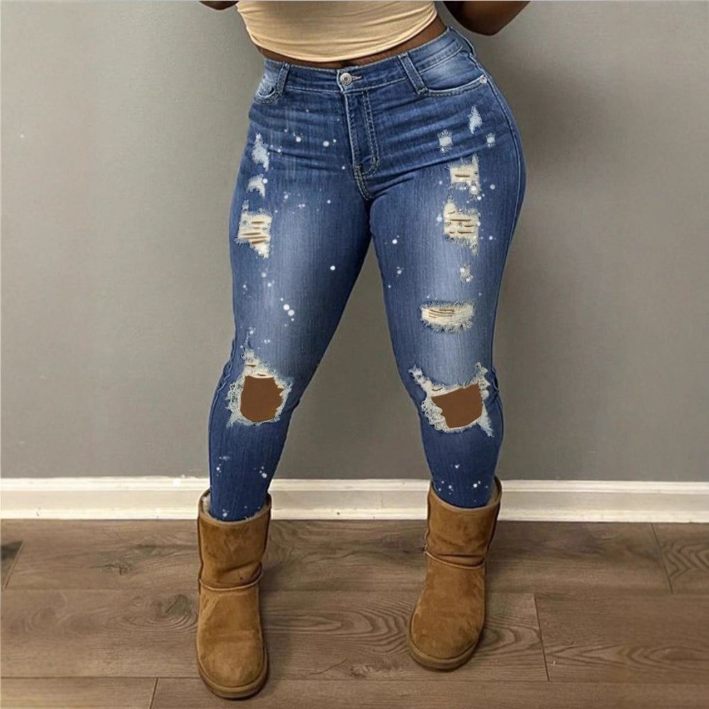 Women High-waisted ripped Skinny Jeans with Sculpting effect and color splashes Fashion Glam