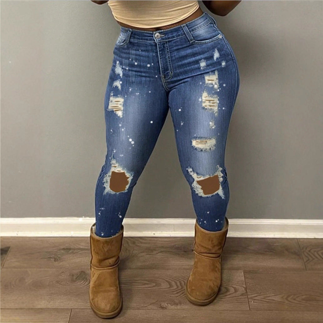 Women High-waisted ripped Skinny Jeans with Sculpting effect and color splashes Fashion Glam