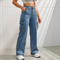 Women high-waisted wide cargo jeans with patch pockets and straight leg Fashion Glam