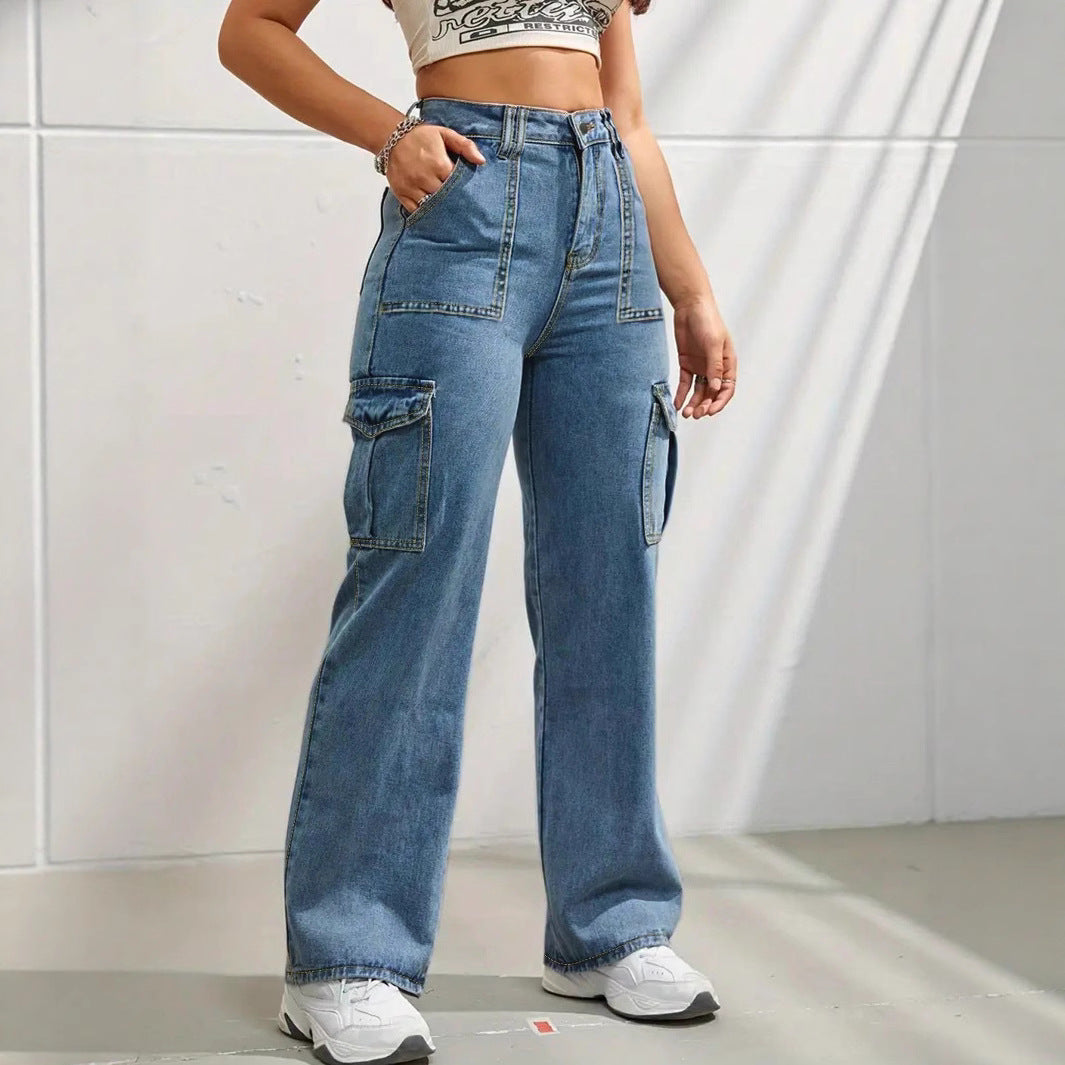 Women high-waisted wide cargo jeans with patch pockets and straight leg Fashion Glam