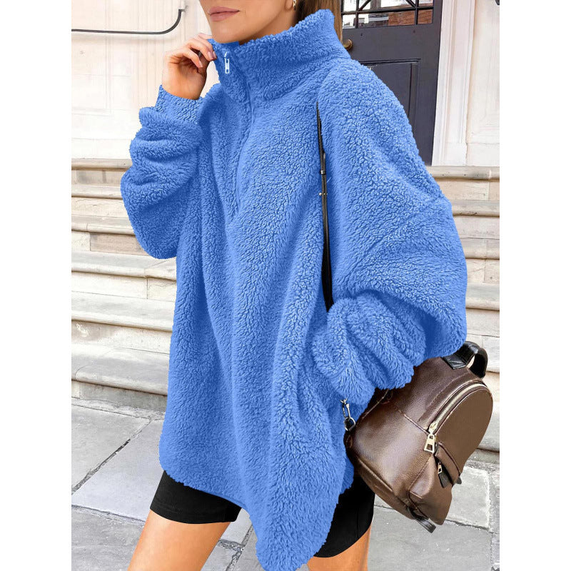 Women Fluffy Oversized Sherpa Pullover with Half Zip and Kangaroo Pockets Fashion Glam