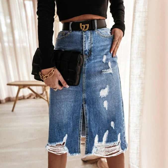 Women's High-Waisted Destroyed Denim Midi Skirt with Center Front Slit and Frayed Hem Fashion Glam