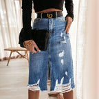 Women's High-Waisted Destroyed Denim Midi Skirt with Center Front Slit and Frayed Hem Fashion Glam