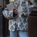 Women's Padded Kimono Jacket with Ornamental Print, Contrasting Trim and Waist Belt Fashion Glam