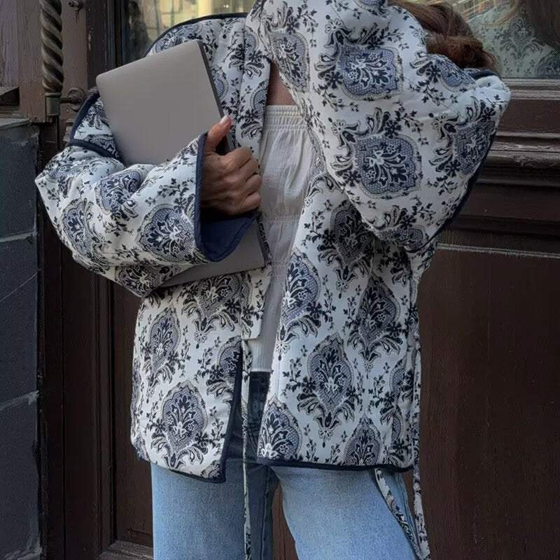 Women's Padded Kimono Jacket with Ornamental Print, Contrasting Trim and Waist Belt Fashion Glam