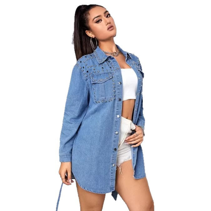 Women Studded Denim Shirt Dress with Waist Belt Fashion Glam
