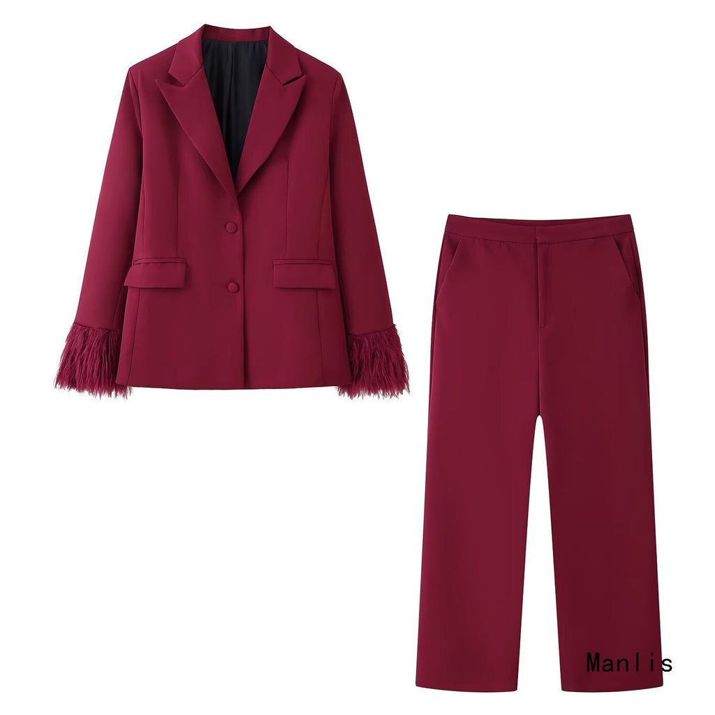 Women Elegant Two-Piece Blazer and Wide Leg Trousers Ensemble with Feather Trim on Sleeves Fashion Glam