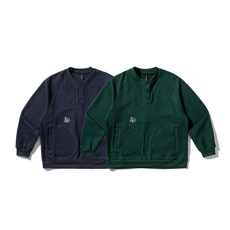 Men's Oversized Sweatshirt with Henley Button Placket, Raglan Sleeves and Round Front Pockets Fashion Glam