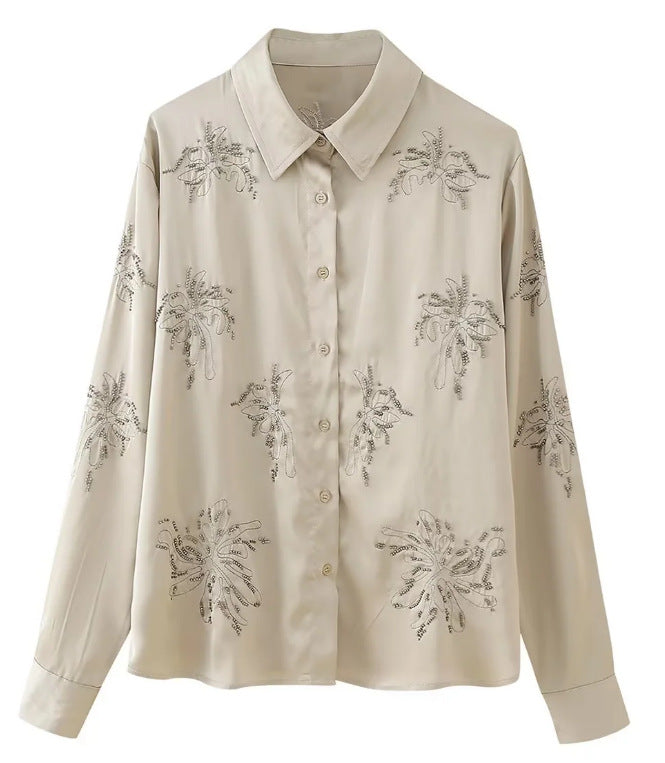 Women's embroidered silk-look blouse with sparkling crystal embellishments and shirt collar Fashion Glam