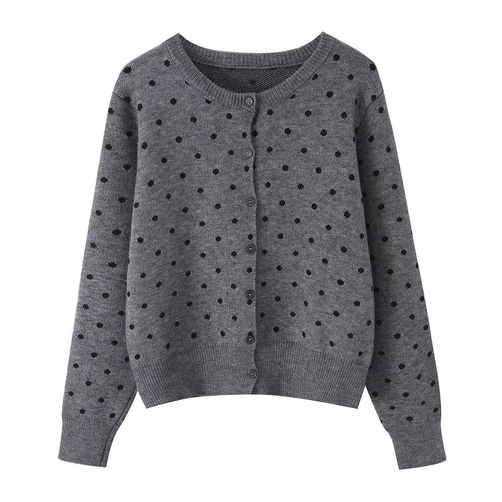 Women short cut fine knitted cardigan with round neckline, button placket and all-over polka dot pattern Fashion Glam