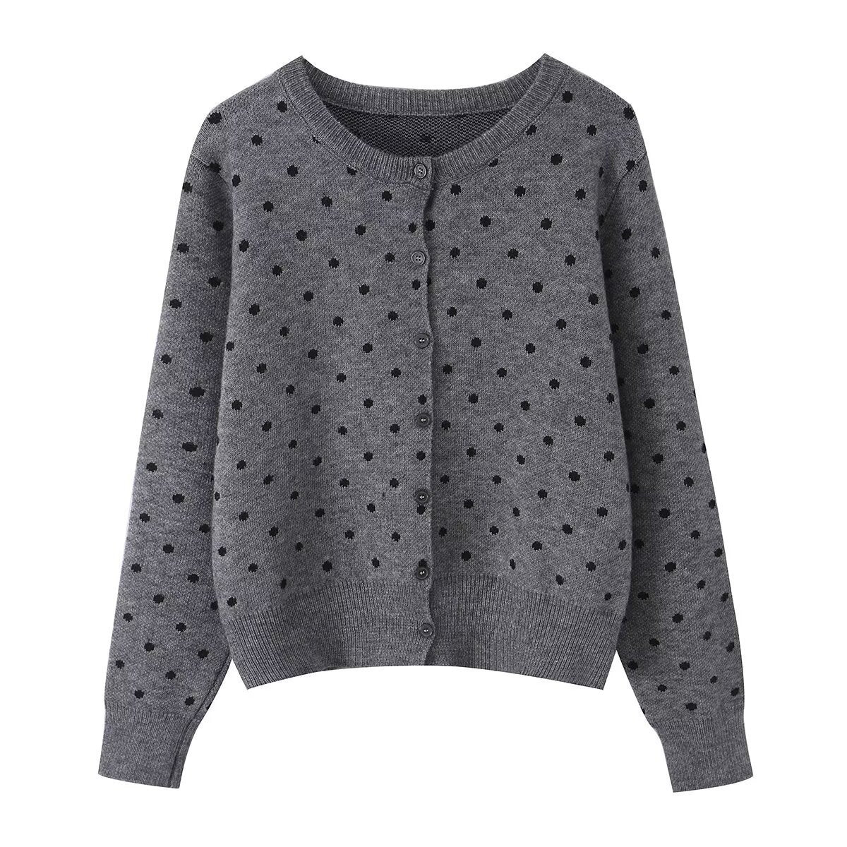 Women short cut fine knitted cardigan with round neckline, button placket and all-over polka dot pattern Fashion Glam