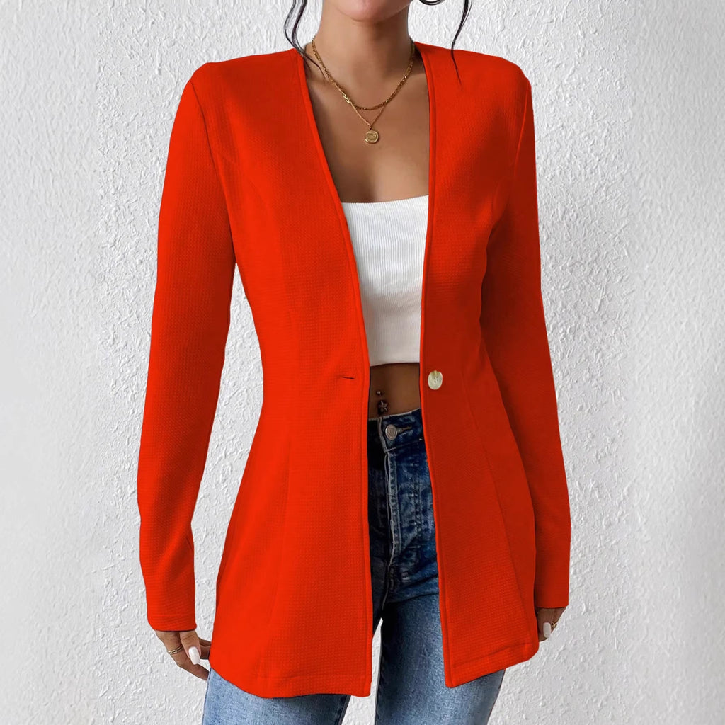 Ladies Tailored Long Blazer with V-Neck and One-Button Closure Fashion Glam