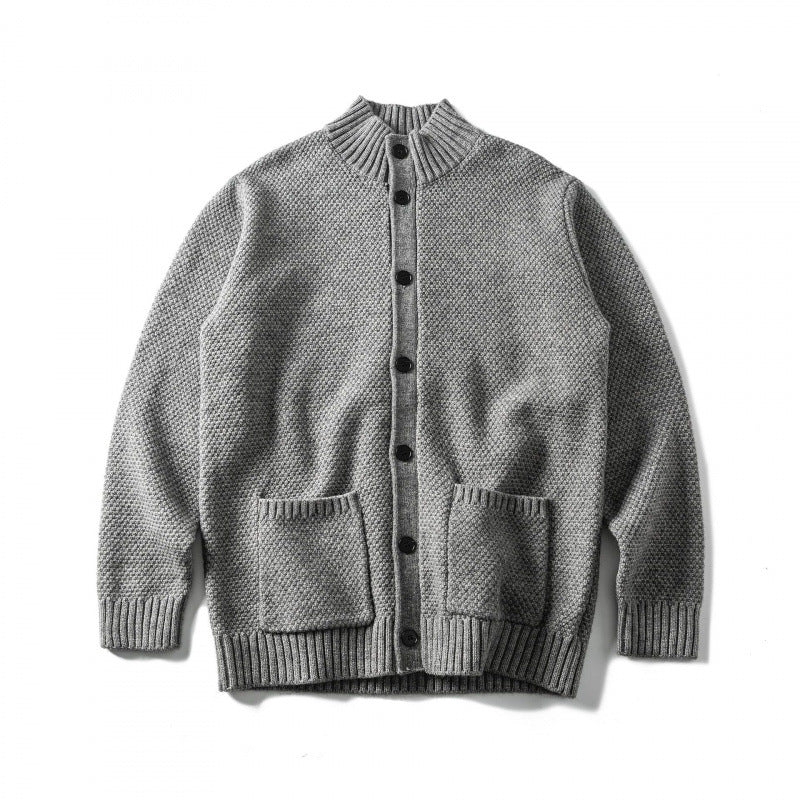 Unisex Structured Button Cardigan with Stand Collar and Patch Pockets Fashion Glam