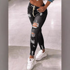 Women High-Waist Destroyed Denim-Jeggings with Drawstring and Raw Hem Fashion Glam