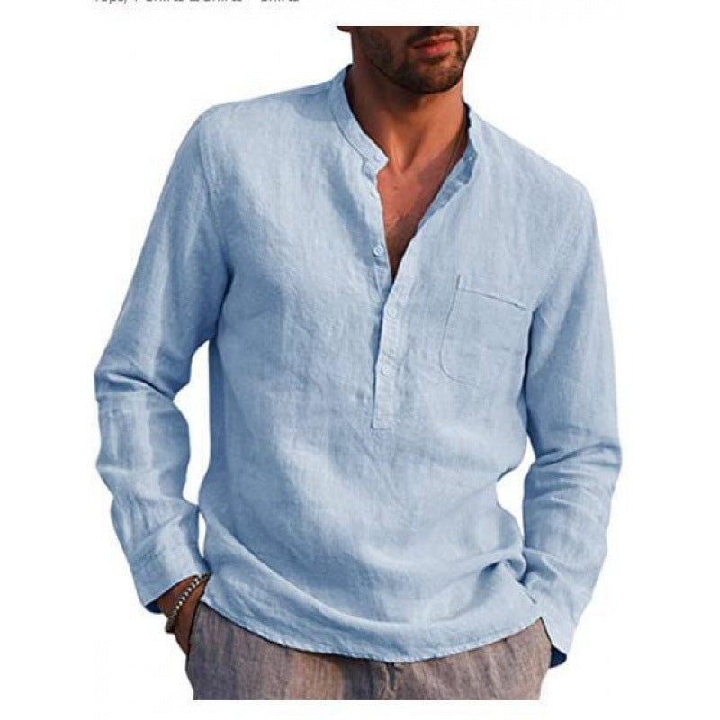 Men's Lightweight Linen Shirt with Stand Collar, Half Button Placket and Chest Pocket Fashion Glam