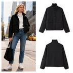 Women's Boxy Short Jacket made of Wool Blend with Stand-up Collar and Flap Pockets Fashion Glam