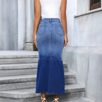 Women High-Waisted Maxi Denim Skirt with Continuous Button Placket and High Front Slit Fashion Glam