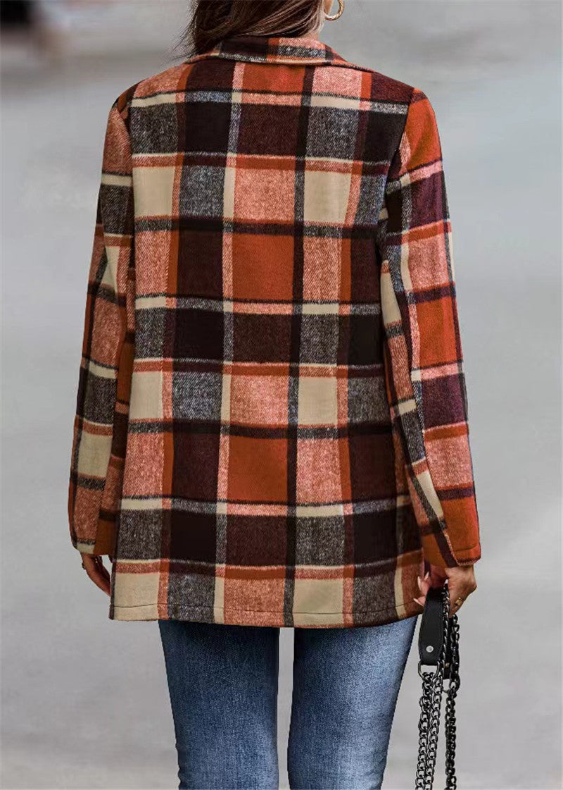 Women Checked Long Blazer Shacket Without Collar, Open Cut Fashion Glam