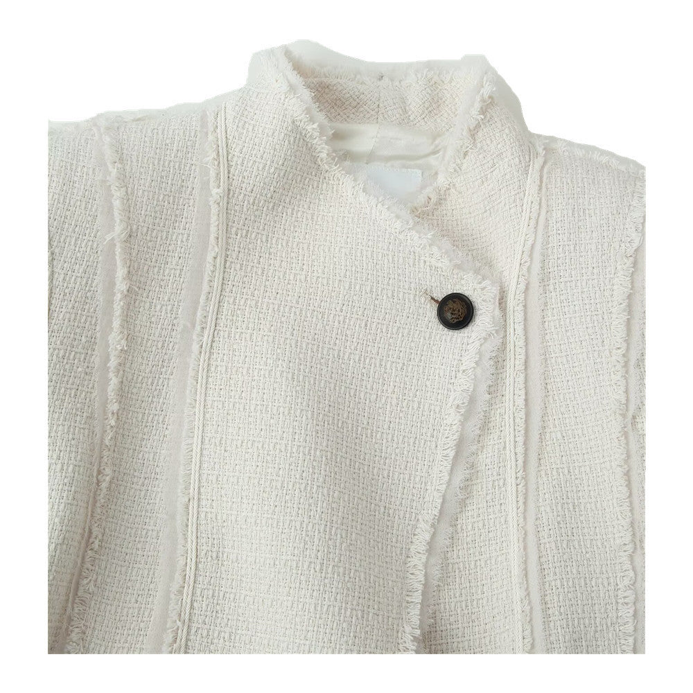 Women Boucle Blazer with Stand Collar, Asymmetrical Closure and Fringed Hem Fashion Glam