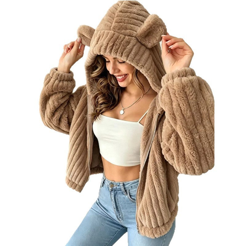Women's Cozy Teddy Hooded Jacket with Plush Texture and Hood Ears Fashion Glam