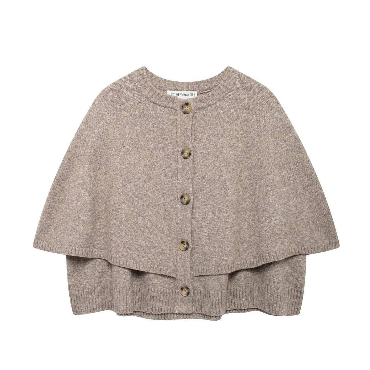 Women's Button-Front Knit Cape with Double Layer and Round Neckline Fashion Glam