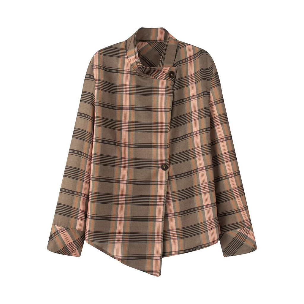 Ladies Asymmetric Cape Blouse in Check Pattern with Stand Collar and Button Closure Fashion Glam