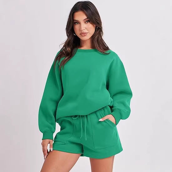 Women's Casual Two-Piece Lounge Sweatset with Oversized Round Neck Sweatshirt and High-Waist Relax Shorts Fashion Glam