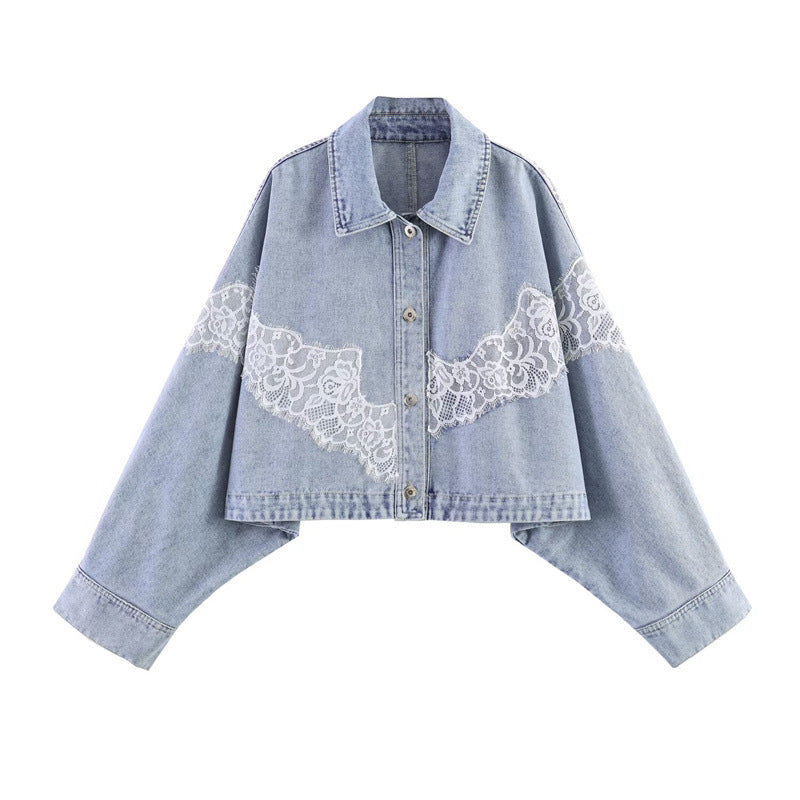 Women cropped denim jacket with lace trim and dropped shoulder Fashion Glam