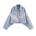 Women cropped denim jacket with lace trim and dropped shoulder Fashion Glam