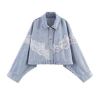 Women cropped denim jacket with lace trim and dropped shoulder Fashion Glam