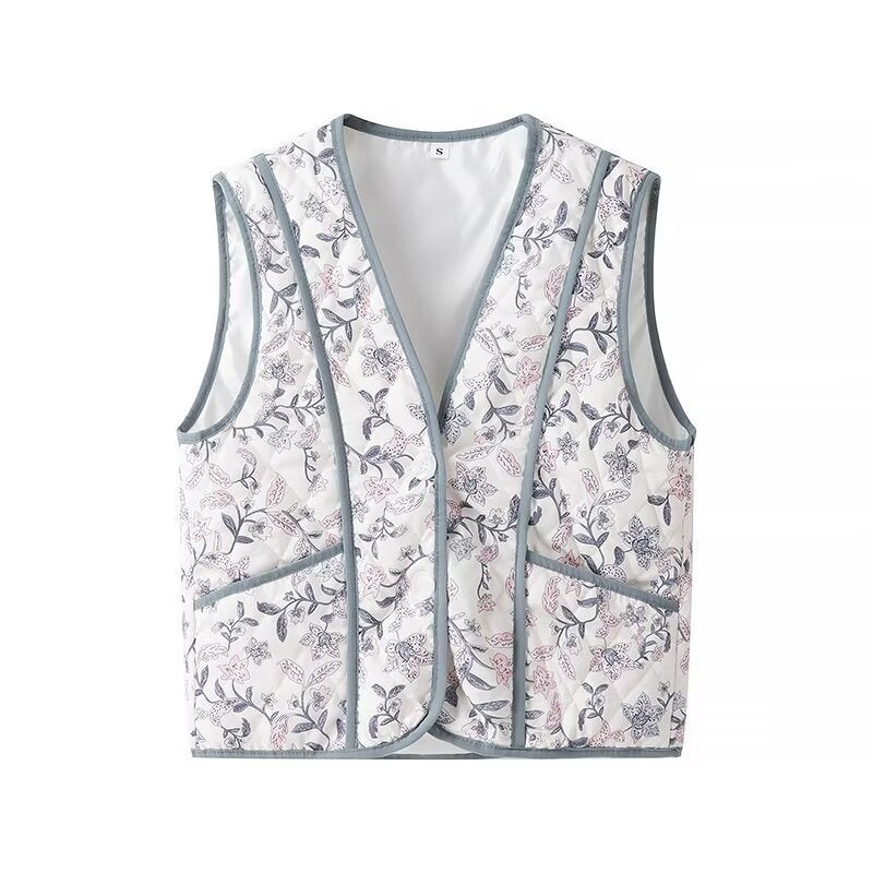 Women's Padded Quilted Vest with Floral Print and Side Pockets Fashion Glam