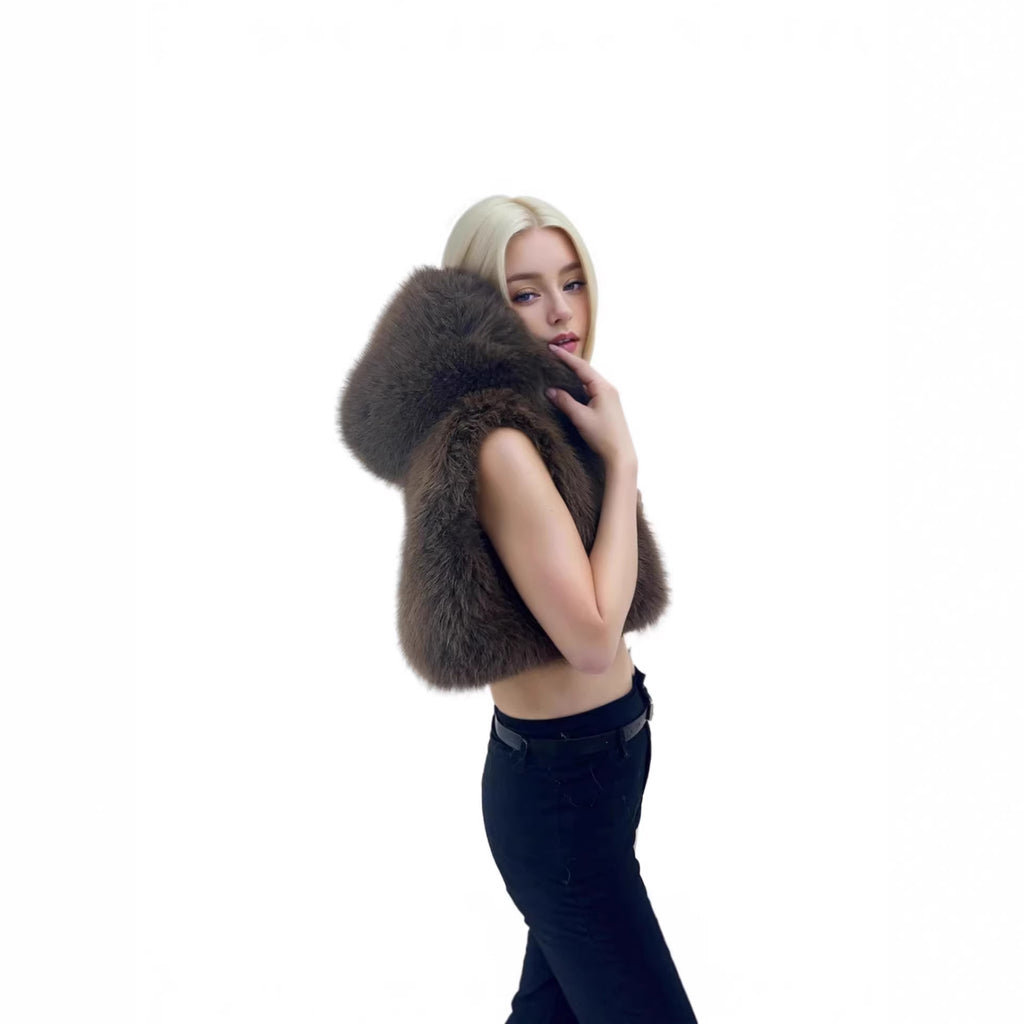 Women's Short Hooded Vest made of High-Pile Faux Fur with Voluminous Long Hair Collar Fashion Glam