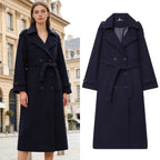 Women's Long Double-Breasted Wool Coat with Waist Belt and Epaulettes Fashion Glam